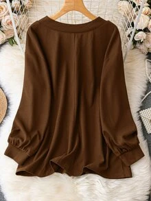 EMERY ROSE Plus Size Solid Color Casual Long Sleeve T-Shirt, Suitable For Spring And Autumn Fall Cloth For Women - Brown - View 2