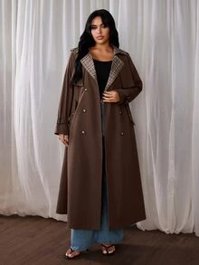 Rustia Plus Size Casual PU Leather Patchwork Plaid Trench Coat Fall - Brown - View 3