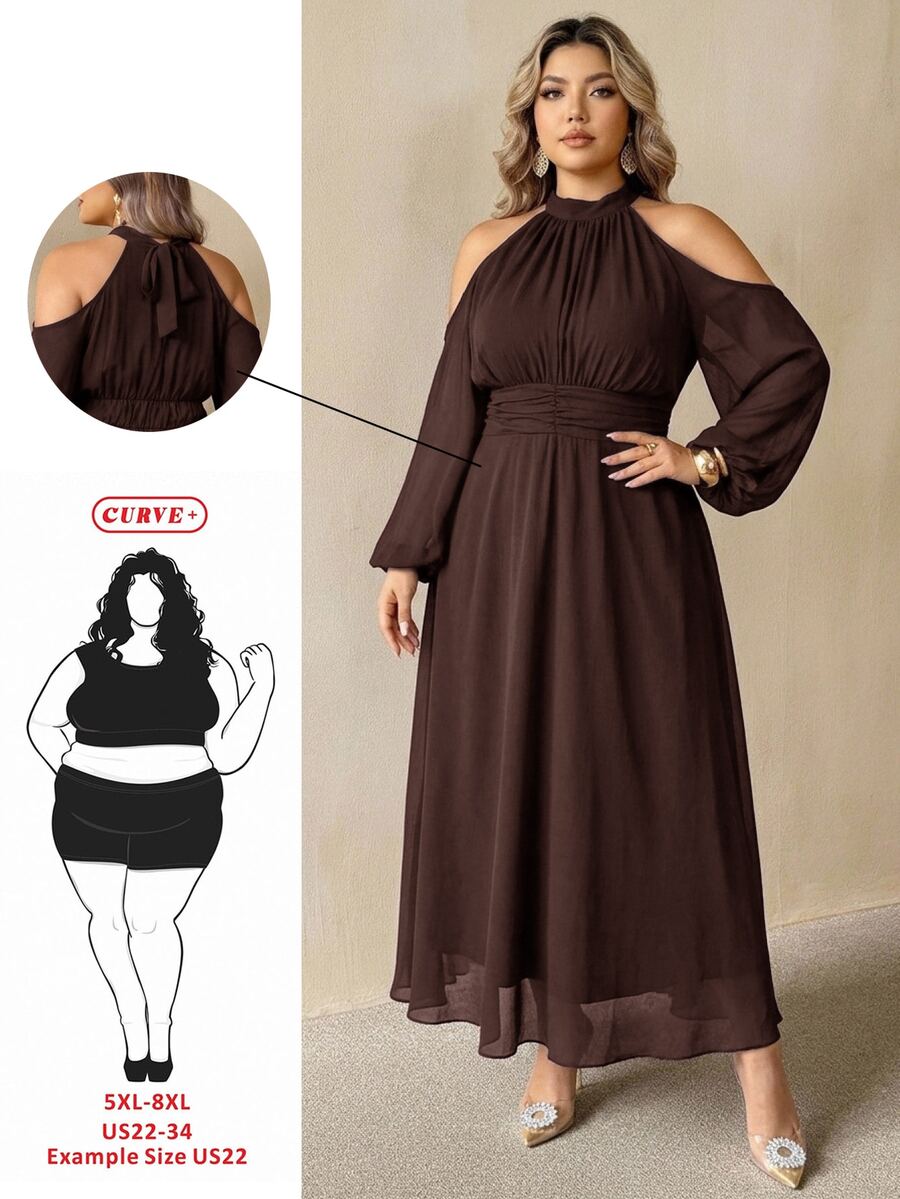 SHEIN CURVE+ 大尺碼優雅百褶露肩法式風格洋裝 秋季 - 咖啡棕 - 查看 1