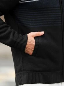 Marcello Vane Old Money 男士秋冬條紋長袖拉鍊針織開襟衫，情侶穿搭，辦公通勤秋季款，最佳節日禮物 - 黑色 - 查看 7