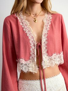 Willow Rêve Women's Lace Patchwork Pink Front Tie Long Sleeve Cropped Shirt - Coral Pink - View 5