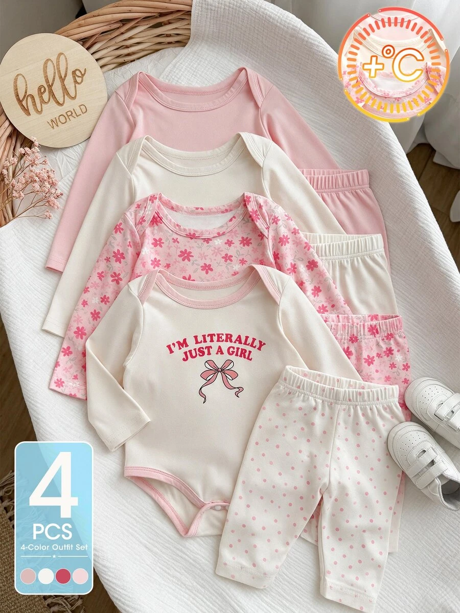 4pcs Baby Girls Bodysuits Cute Sweet Pink White Floral Bow Letter Print Long Sleeve Envelope Neck Regular Birthday Fall Holiday White Top Snap Bottom - Baby Pink - View 1