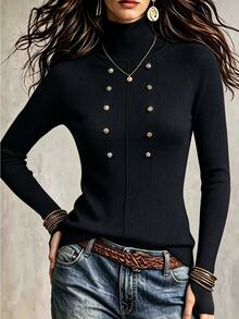 INAWLY Napoleon Style Metal Double-Breasted Commuter Versatile Street Fashion Knit Pullover Sweater - Black - View 1