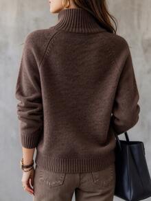 SHEIN Women's Autumn/Winter Soft Semi-High Neck 5-Button Knit Sweater, Raglan Sleeve Loose Slouchy Short Pullover Knit Top, Versatile Daily Commute Inner Layer - Coffee Brown - View 2