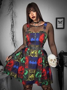 Whyspr BATMAN X SHEIN Plus Size Women's Bat Pattern Zipper Front Casual Pinafore Dress - Multicolor - View 3