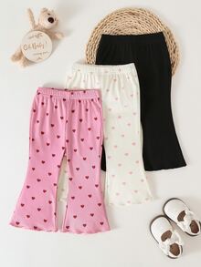 SHEIN Playful Pals 3 Packs Baby Girls Brushed Ribbed Long Pants, Simple Heart Print, Comfortable Stylish Autumn Winter Trousers For Outdoor Wear - Black and White - View 3