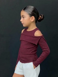 Hapijoa (Gadis Remaja) Kaos Musim Gugur Lengan Panjang dengan Desain Lengan Berongga dan Lapisan Dalam Pas Badan - Burgundy - View 5