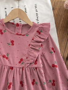SHEIN 女童櫻桃印花拼接荷葉邊可愛長袖洋裝 - 粉色 - 查看 5