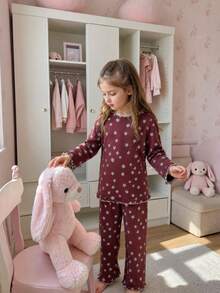 Girls' Fitted Long Sleeve Long Pants Pajama Set, Autumn/Winter New Arrival, Ruffle Design, Sweet Elegant Fresh Ditsy Floral Print, Suitable For Most Girls, Sleepwear Homewear Set - Brown - View 3