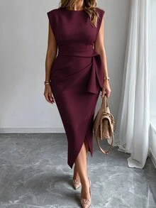 Elenzga Women's Plus Size French Elegant Solid Color Padded Shoulder Sleeveless Dress, High Waist Side Tie Ruched Flattering Asymmetrical Hem Midi Dress For Commute - Burgundy - View 1