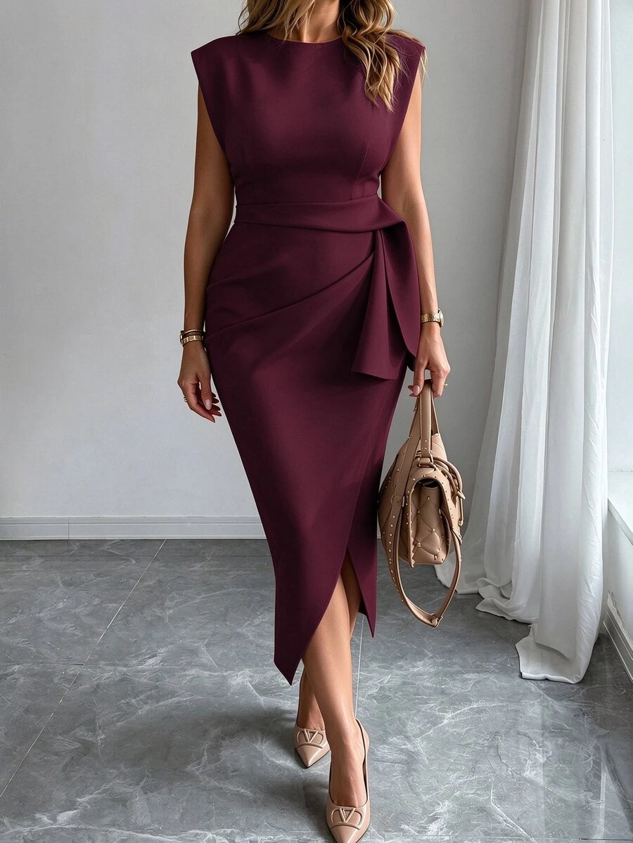 Elenzga Women's Plus Size French Elegant Solid Color Padded Shoulder Sleeveless Dress, High Waist Side Tie Ruched Flattering Asymmetrical Hem Midi Dress For Commute - Burgundy - View 1