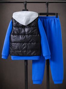 SHEIN 3件組兒童青少年男孩休閒百搭運動風 藍色壓紋3D字母圖案寬鬆套頭連帽衛衣、藍色束口慢跑長褲、厚實加厚連帽背心外套，適合秋冬休閒運動風 - 藍色 - 查看 3