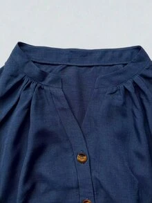 Linhara CURVE Plus Size V-Neck Casual Lantern Sleeve 3/4 Sleeve Button Front Umbrella Hem Ruched Dress - Blue - View 4