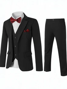 SHEIN Teen Boy Lapel Neck Long Sleeve Blazer And Pants Gentleman Suit Set - Black - View 1