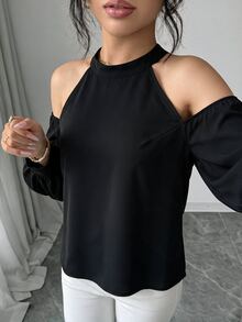 Elenzga Cold Shoulder Halter Neck Back Lace Cutout Petal Sleeve Elegant Slim Satin Blouse - Black - View 2