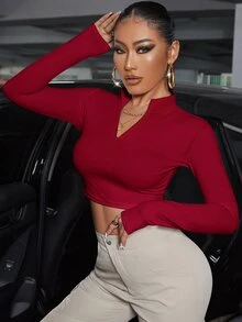 SHEIN SXY 春夏高領半拉鍊短版白色長袖T恤 - 酒紅色 - 查看 3