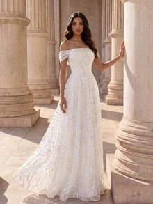 Coutiva Off-Shoulder Heavy Beaded Embroidery Mesh A-Line Train Evening Gown - White - View 1