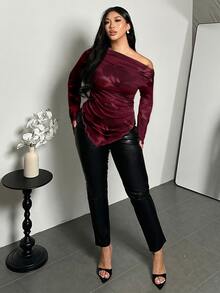 Firerie Plus Size Floral Print One Shoulder Asymmetrical Hem Top - Burgundy - View 6
