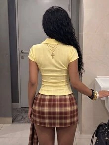 StreetHx 女款棕色格紋綁帶迷你裙，適合夜晚派對、早午餐與外出，秋季性感 Y2K 2000s 風格 - 彩色 - 查看 2