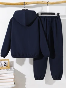 SHEIN 買1送1兒童青少年男孩休閒運動保暖內裡加厚連帽外套與慢跑褲套裝，適合秋冬、學校、家庭聚會、度假、派對，秋季穿搭，冬季穿搭 - 藏蓝色 - 查看 5