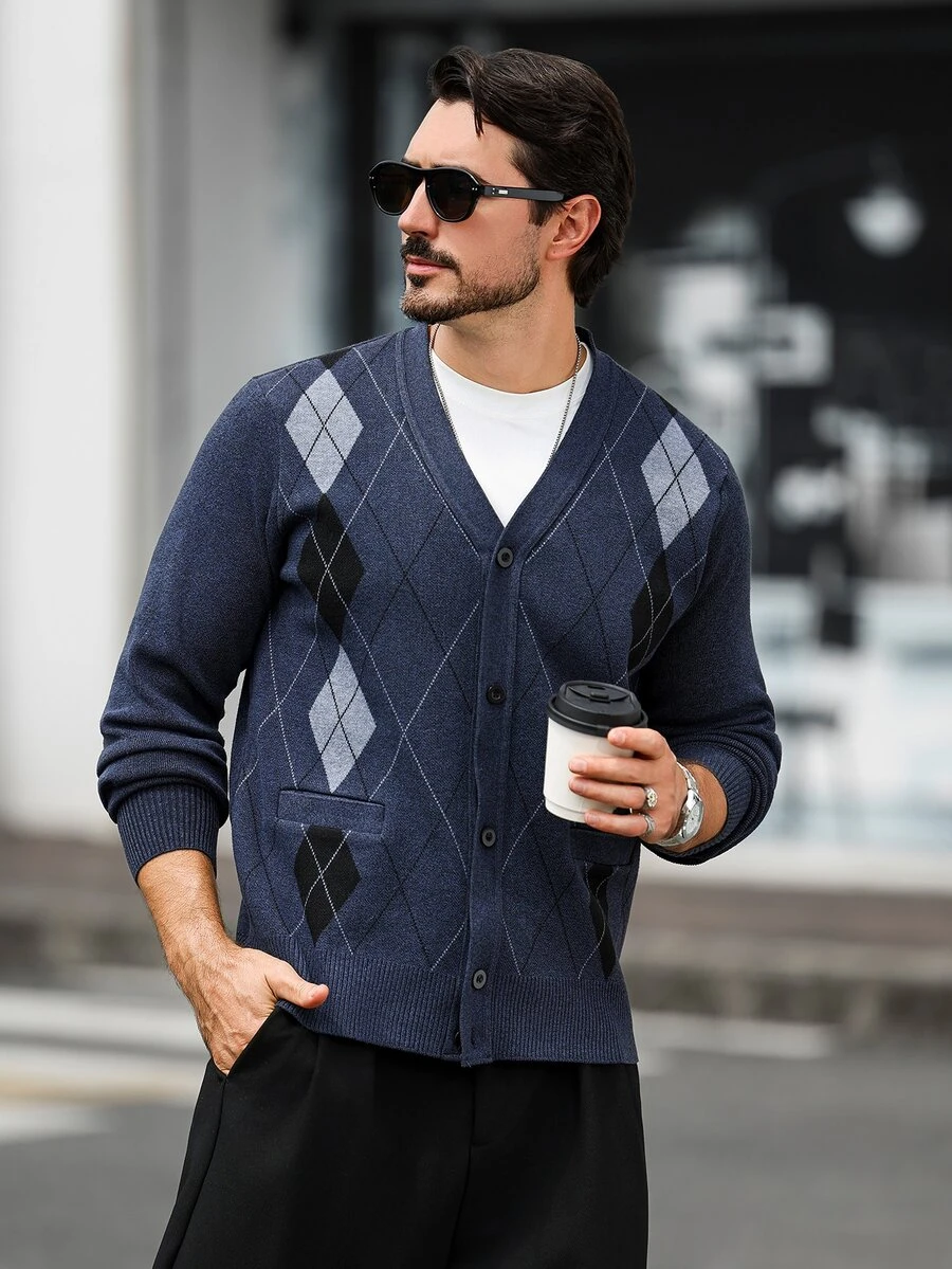 Marcello Vane Men's V-Neck Argyle Jacquard Button-Up Cardigan Sweater - Navy Blue - View 1