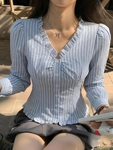 DAZY 女款荷葉邊條紋無袖上衣，清新甜美夏季風格 - 淺藍色 - 查看 5