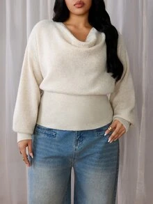 Rustia Plus Size Women Knit Sweater, Draped Cowl Neck Lantern Long Sleeve Knitted Top, Ribbed Hem Slim Fit Solid Color Elegant Fall Winter Essential - Apricot - View 5