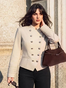 Ciel Poise Women's Jacket Slim Cropped Textured Double Breasted Metal Button Stand Collar Commute Beige Indented Cuffs Napoleon Jacket Blazer Fall Clothes Autumn - Light Grey - View 5