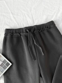 SHEIN 女童青少年女孩秋冬休閒街頭風丹寧感針織深灰色連帽衛衣＋運動長褲兩件套 - 深灰色 - 查看 3