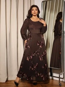 Elaquor Đầm tiệc thường ngày họa tiết jacquard cho nữ size lớn - màu nâu - Xem 5