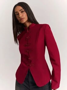 SHEIN BAE 時尚復古優雅立領盤扣西裝外套，修身長袖西裝夾克，適合上班、辦公室、晚餐聚會，夏季黑色 - 紅色 - 查看 6