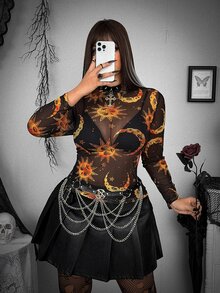 Whyspr Plus Size Halloween Mesh Digital Print Long Sleeve Women's Top - Multicolor - View 6