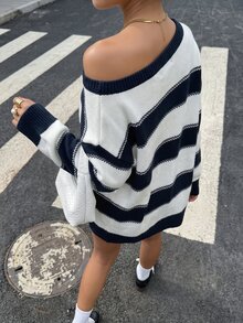 SHEIN Women's New Autumn/Winter Fashion Cold Shoulder Contrast Color Striped Knit Sweater - Blue - View 2