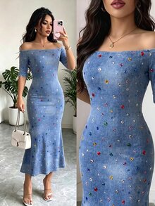 SHEIN Elenzya 女款彩色水鑽印花單肩修身優雅魚尾禮服 - 水藍色 - 查看 1