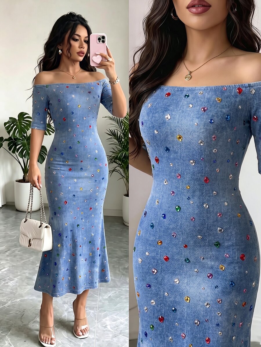 SHEIN Elenzya 女款彩色水鑽印花單肩修身優雅魚尾禮服 - 水藍色 - 查看 1