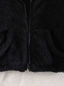 SHEIN Elladie kids 1件女童甜美風休閒外套，校園休閒穿搭，秋冬款3D貓咪刺繡連帽寬鬆抓絨夾克 - 黑色 - 查看 7