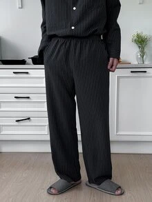 DAZY 春秋款男士長袖黑色條紋長褲家居服套裝 - 黑色 - 查看 9