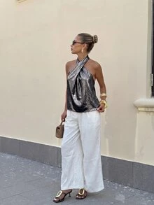 Lavishia 女款浪漫海灘度假穿搭，優雅金色夏季性感時尚派對之夜金屬塗層露背掛脖香檳色亮片上衣 - 銀色 - 查看 4