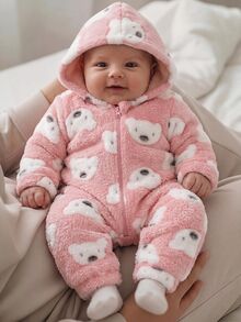 SHEIN 新生兒男嬰/女嬰可愛秋冬休閒白色毛絨卡通熊圖案連帽連身衣居家服 - 淺粉色 - 查看 1