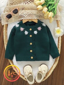 Souflis Souflis 女嬰花卉刺繡針織開襟毛衣，柔軟舒適鈕扣前開，蕾絲飾邊，甜美復古風幼兒秋冬款 - 墨綠色 - 查看 8