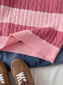 SHEIN Tween Girls Striped Colorblock Cable Knit Round Neck Long Sleeve Pullover Sweater, Casual Minimalist Comfortable Versatile Elegant Autumn/Winter Style - Pink - View 5