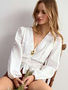 Willow Rêve Women's White Embroidered V-Neck Petal Sleeve Blouse - White - View 7