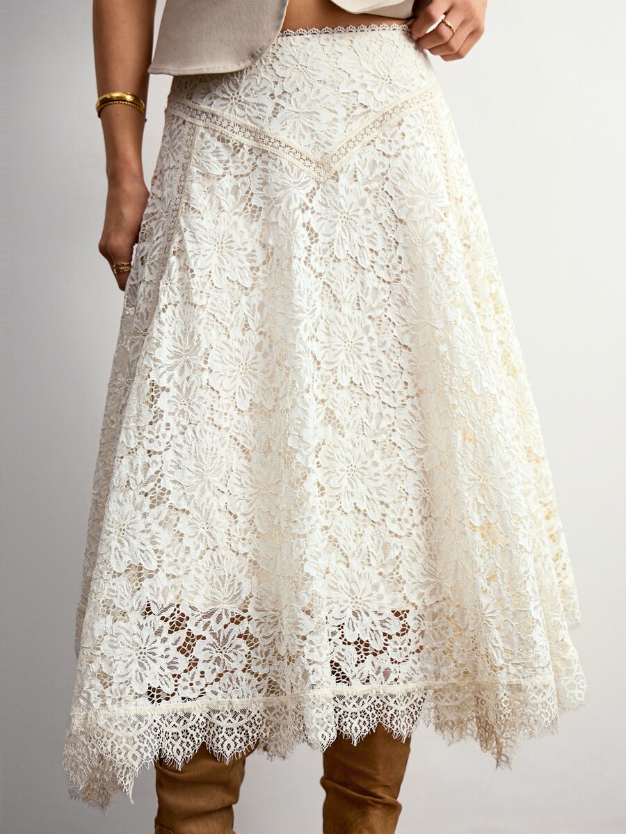 Willow Rêve Women's White Lace Asymmetrical Hem Midi Skirt - Cream - View 1