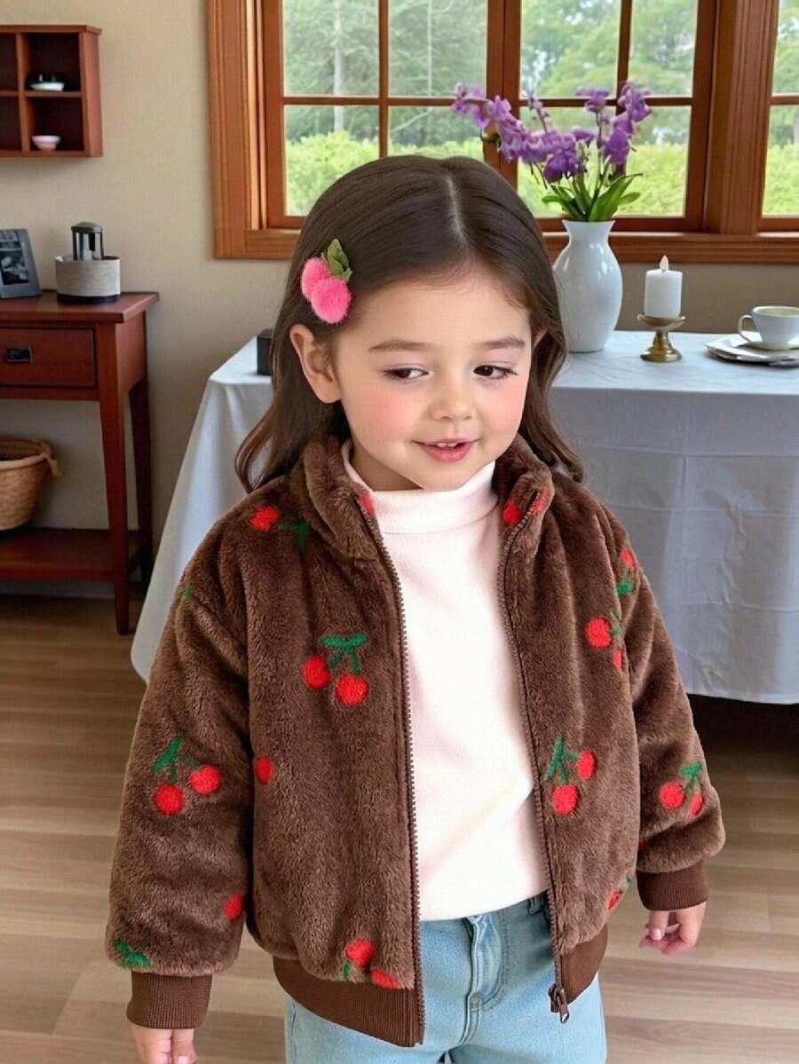 Elladie kids 女童可愛蝴蝶結人造毛冬季拉鍊外套,櫻桃印花刷毛夾克,適合職業日與秋季休閒外出 - 棕色 - 查看 1