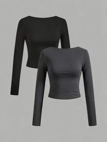 SHEIN EZwear 女款素色露背長袖休閒T恤 (2件組) - 彩色 - 查看 2