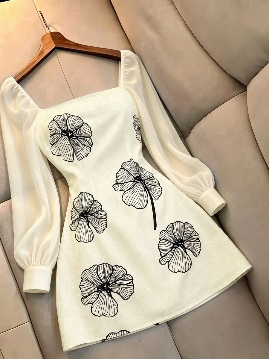 SHEIN Franclia Floral Print Square Neck Puff Sleeve Short Dress ...