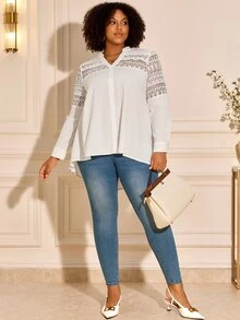 BrightlyHer Plus Size Women's Contrast Lace Cutout V-Neck Long Sleeve Fashion Blouse - White - View 7
