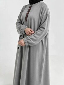 Lacomfia Women's Round Neck Long Sleeve Loose Fit Casual Versatile Grey Plus Size Dress With Pockets, Autumn/Winter - Grey - View 5