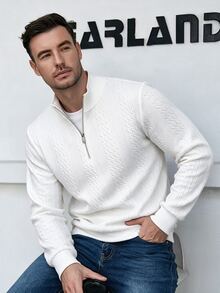 Manfinity Homme تي شيرت رجالي كاجوال مضلع برقبة عالية للربيع والخريف - أبيض - مشاهدة 4