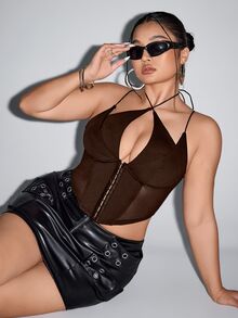 SHEIN ICON 大尺碼對比網格短版吊帶黑色束腰上衣，適合夏季約會之夜、雞尾酒會、電音派對，性感風格 - 棕色 - 查看 5